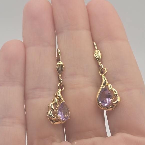 18K Yellow Gold Filled Amethyst Teardrop CZ Hoop Dangle Earrings - Picture 4 of 4